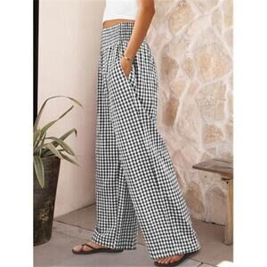 Black Striped Gingham Palazzo Pants High Waisted Wide Leg Lounge Pants